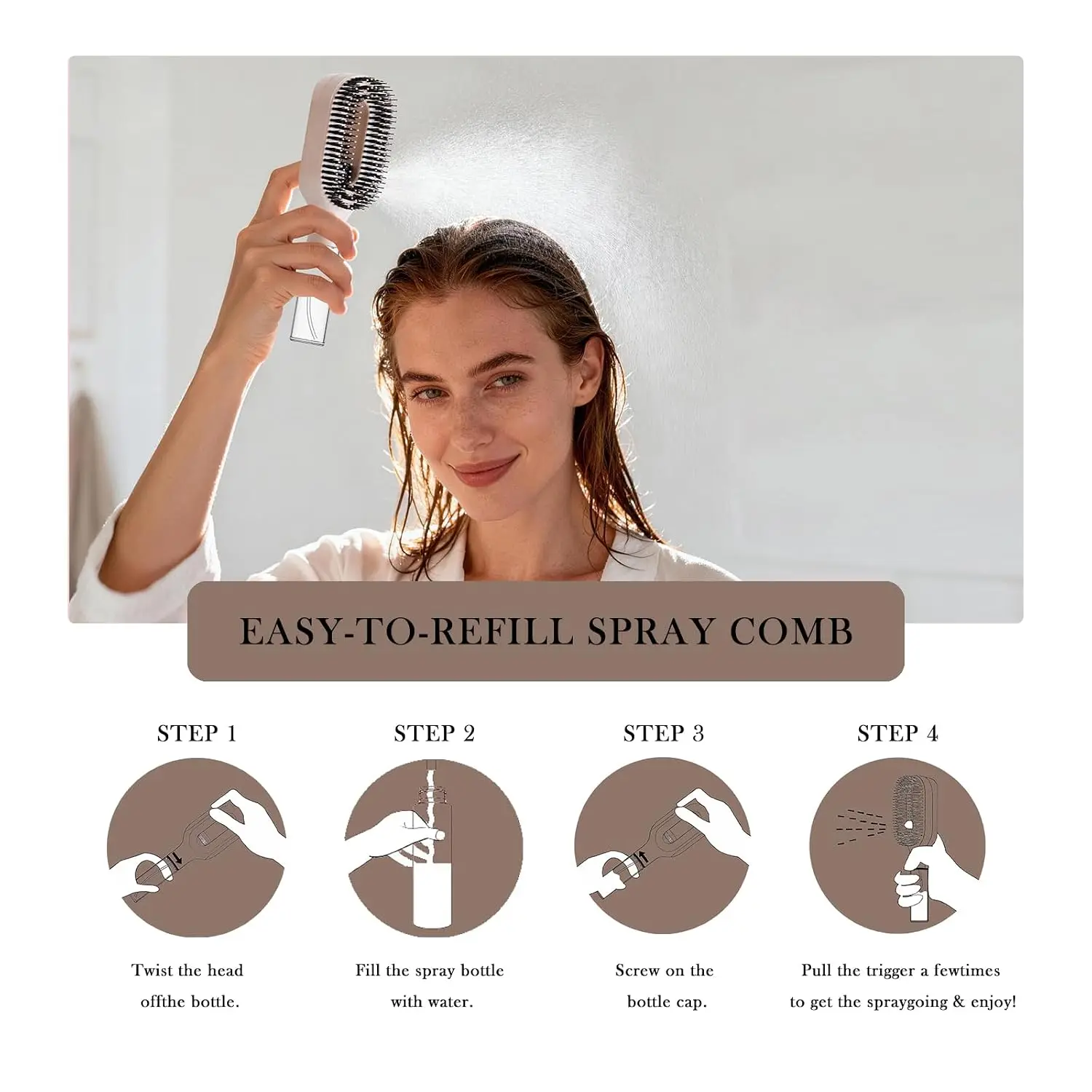 2Pcs Spray Hair Brush & Leopard Paddle Brush Set Refillable Fine Mist Hair Comb Detangle Anti‑Frizz Scalp Massage Air Cushion Hair Styling Tool for Women Wet Dry Hair