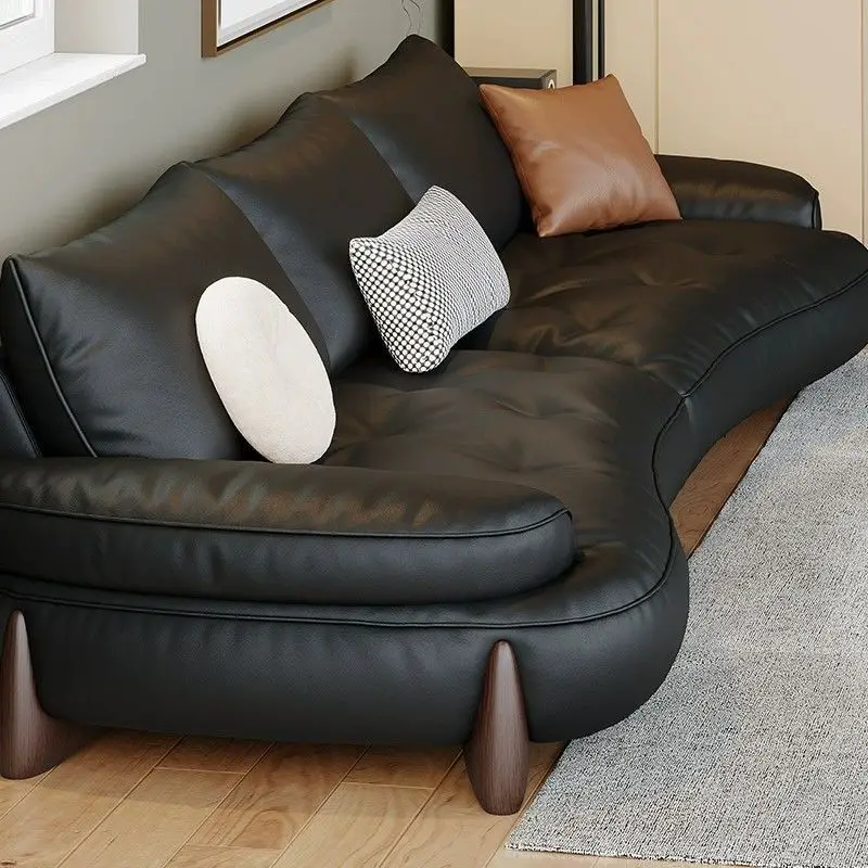 HYS medieval Italian light luxury leather sofa first layer cowhide retro corner curved three-person medieval black sofa
