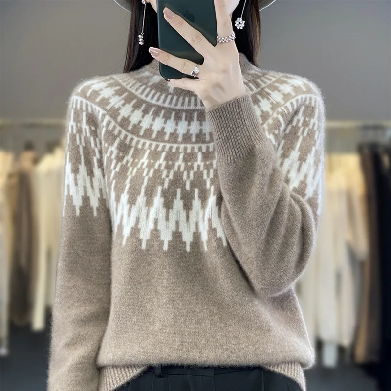 Vintage Turtleneck Fair Isle Pullover Damski luźny, wyściełany żakardowy sweter z długim rękawem, dzianinowy top