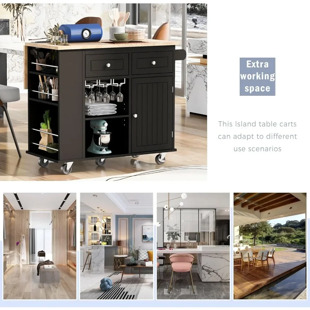 Kitchen Island, Kitchen Carts on Wheels with Storage Drop Leaf Power Outlet Drawer Cabinet Counter Rubberwood Top image 5