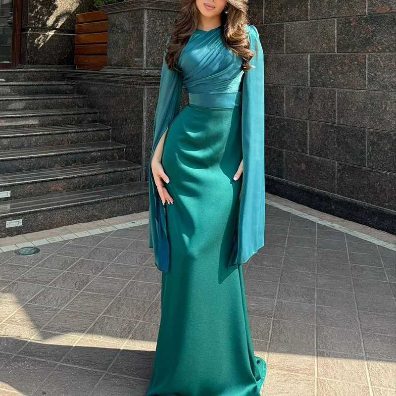 Satin Solid Robe Dress Ladies Temperament O-neck Slim Evening Dress Elegant Batwing Sleeves High Waist Pleats Long Dress