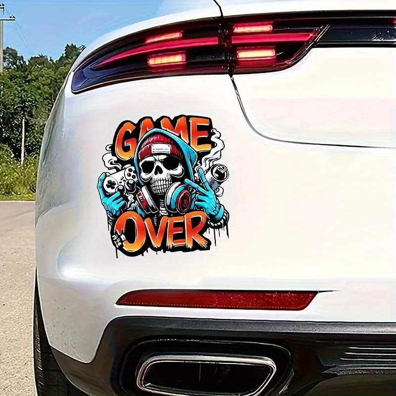 قطعة واحدة من ملصق جمجمة للألعاب (سماعات رأس وحدة تحكم الألعاب) شارات فينيل مقاومة للماء باللون البرتقالي والأزرق والأبيض لتزيين السيارة