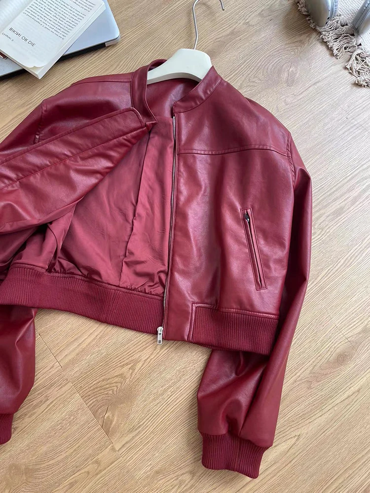 Jaqueta Feminina de Couro PU Vermelha Estilo Motociclista Acolchoada para Trabalho, Moda Primavera Outono, Casaco Elegante Feminino