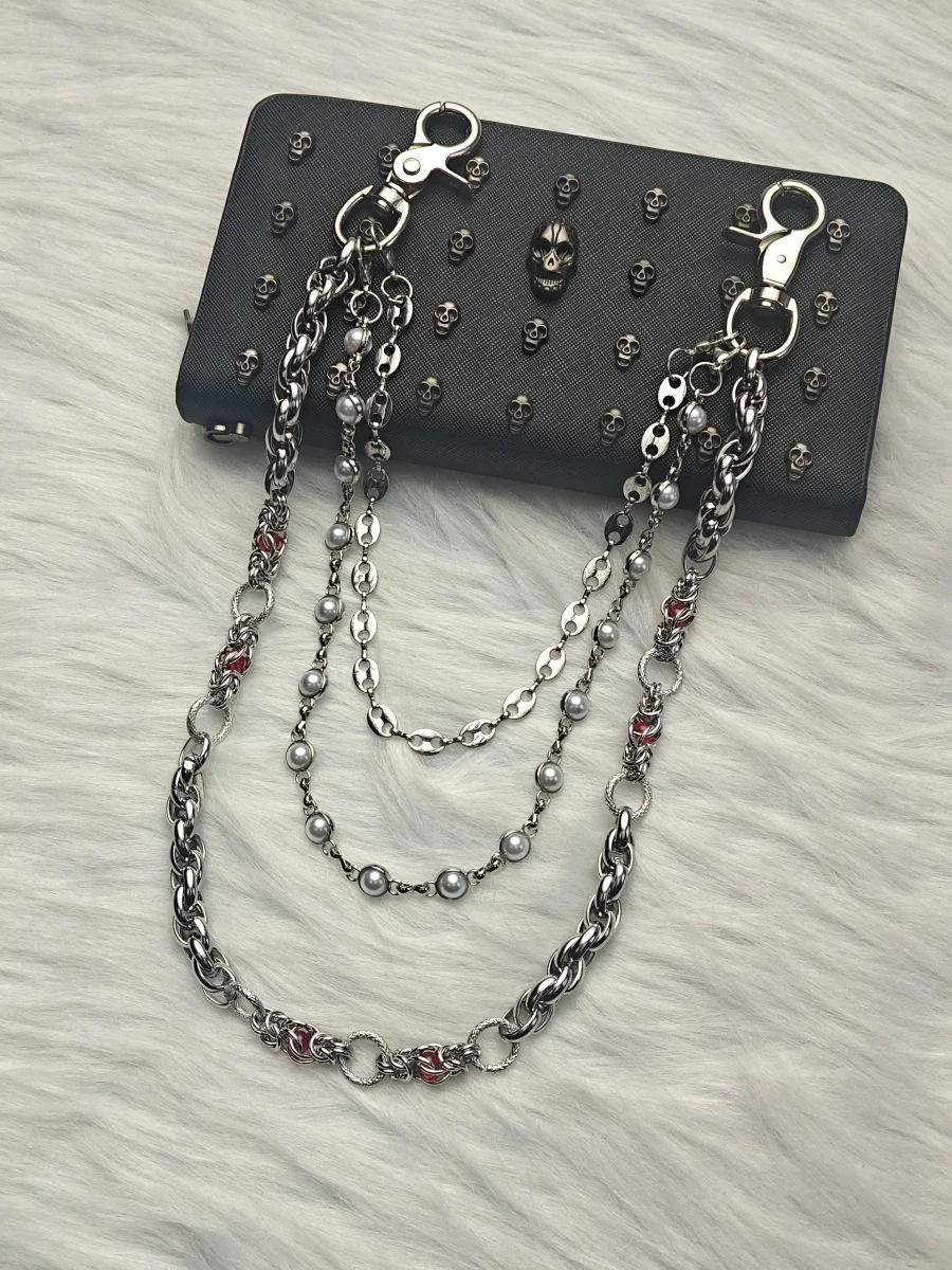 Y2K Gothic Dreischichtige Hosenkette, Edelstahl Perle Roter Strass, Unisex Geldbörsenkette Süßes Cooles Street-Accessoire – Detail 7