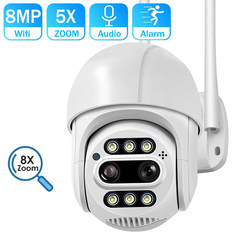 

8MP Dual-Lens PTZ WIFI IP Camera 8X Digital Zoom Outdoor CCTV Video Surveillance Two Way Audio 4MP Surveillance Wireless Camera