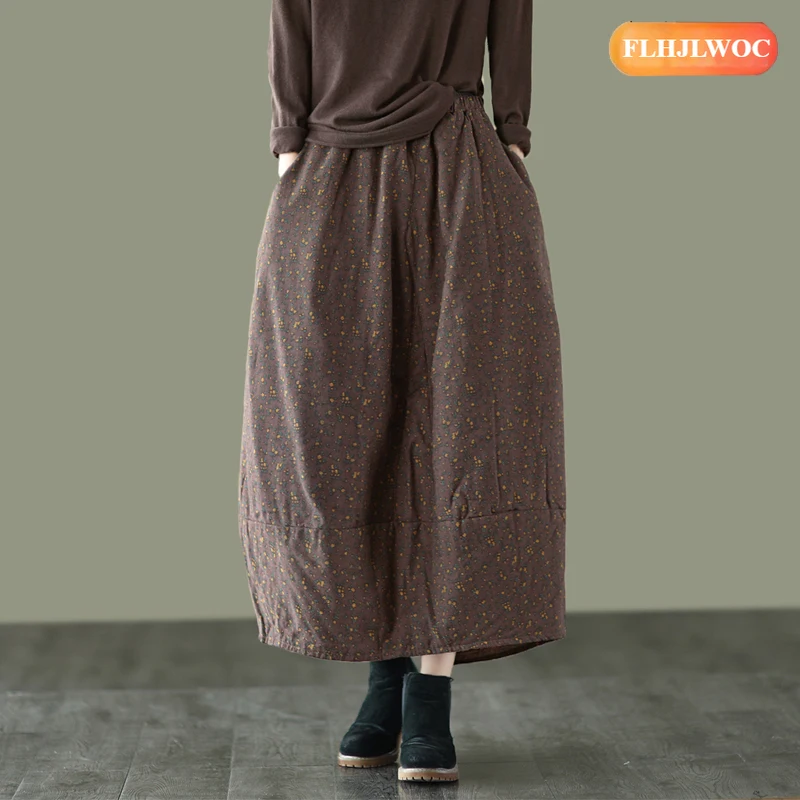 القطن الكتان التنانير شتاء دافئ المبيعات الساخنة 2026 السنة الجديدة امرأة اليابان الفتيات الرجعية خمر الأزهار طباعة جيوب تنورة طويلة سميكة #5
