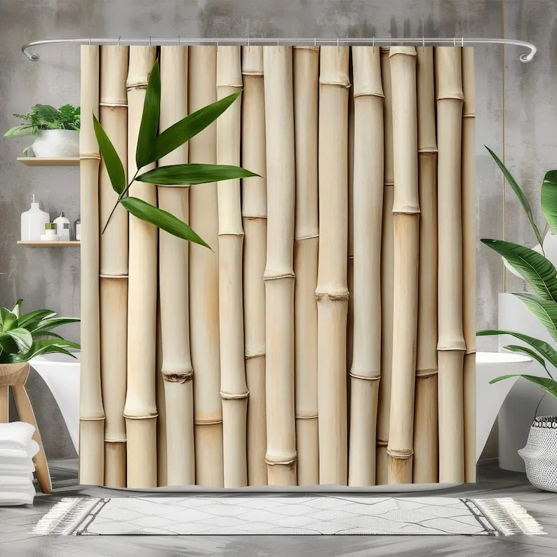 

Natural Bamboo Shower Curtain, Waterproof Fabric Bath Curtain Bathroom Decor Minimalist Bamboo Design Fabric Home Decor