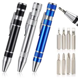 STONEGO Multi-Functional 8-in-1 Mini Screwdriver Set Interchangeable Phillips Flathead Screwdriver Bits Aluminum Alloy Pen Tool