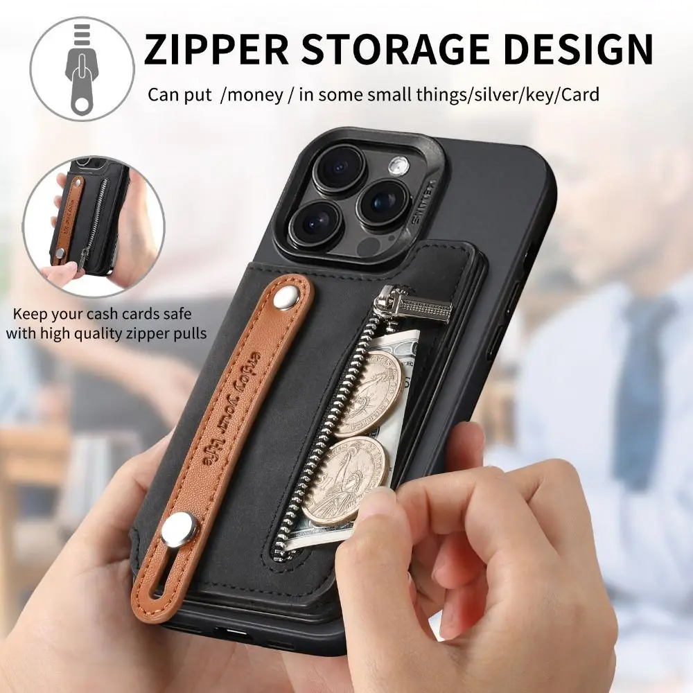 

Portable Magnetic Phone Card Bag with Wrist Strap PU Leather Magsafe Wallet RFID Blocking Foldable Phone Card Holder