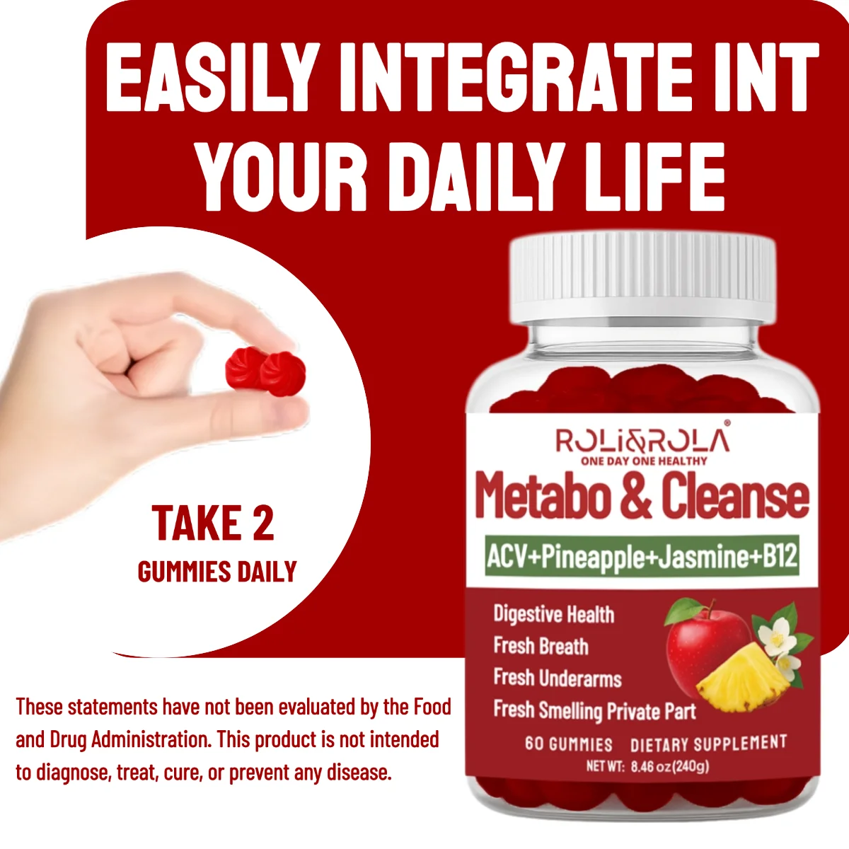 ROLI&ROLA 2 Pack*60count Metabo Cleanse ACV+B12 Gummies. Gut Health Fresh Breath Underarms&Private Parts for Men&Women.