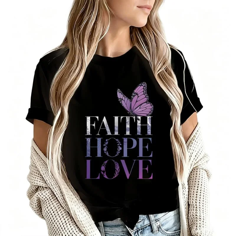 Faith Hope Love Purple Butterfly Women's T-Shirt 100% Cotton Funny Graphic Short Sleeve Tee Novelty Shirt Casual Crew Neck Top S-5Xl