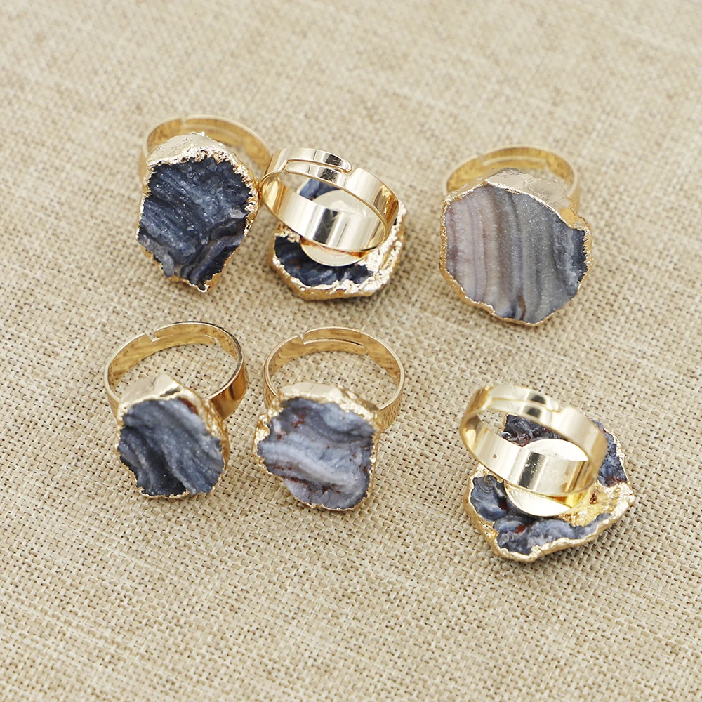 Natural Stone Milky Way Druzy Finger Rings Gold Plated Irregular Healing Quartz Primary Slice Resizable Jewelry 6Pcs Wholesale