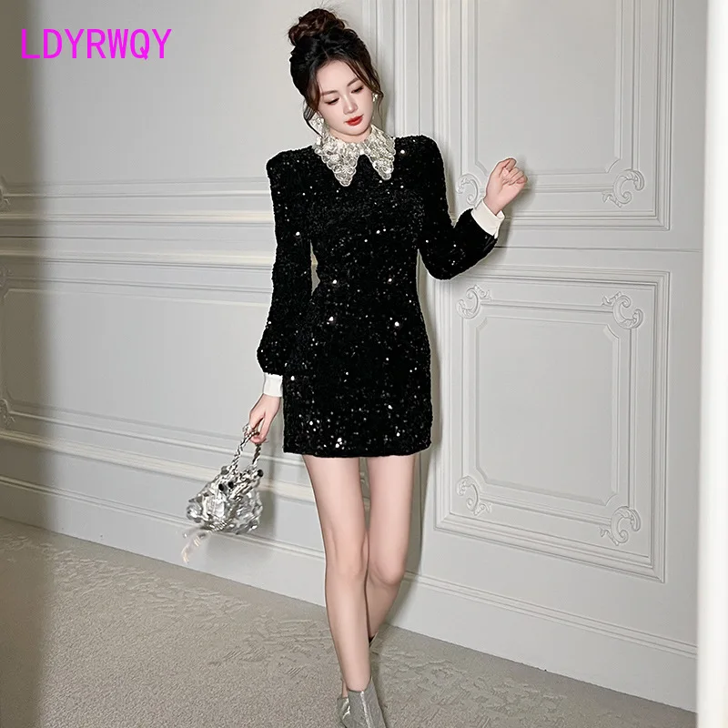 Birthday dress dress 2024 autumn and winter new style doll collar slim fit hip hugging small sequined dress