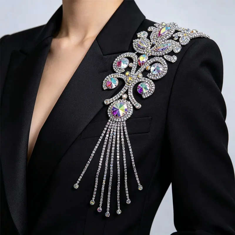 

Rhinestones Brooch Crystal Bead Long Tassel Chain Epaulet Men Women Shoulder Jewelry DIY Decoration Clothing Accessories