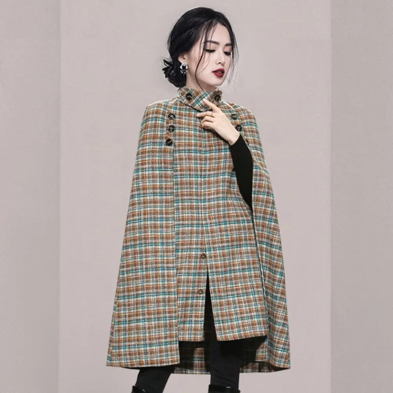 

Fashion Plaid Tweed Cape Coat Office Lady Vintage Elegant Batwing Sleeve Fashion Wool Blends Thick Casual Cloak Nice Women's