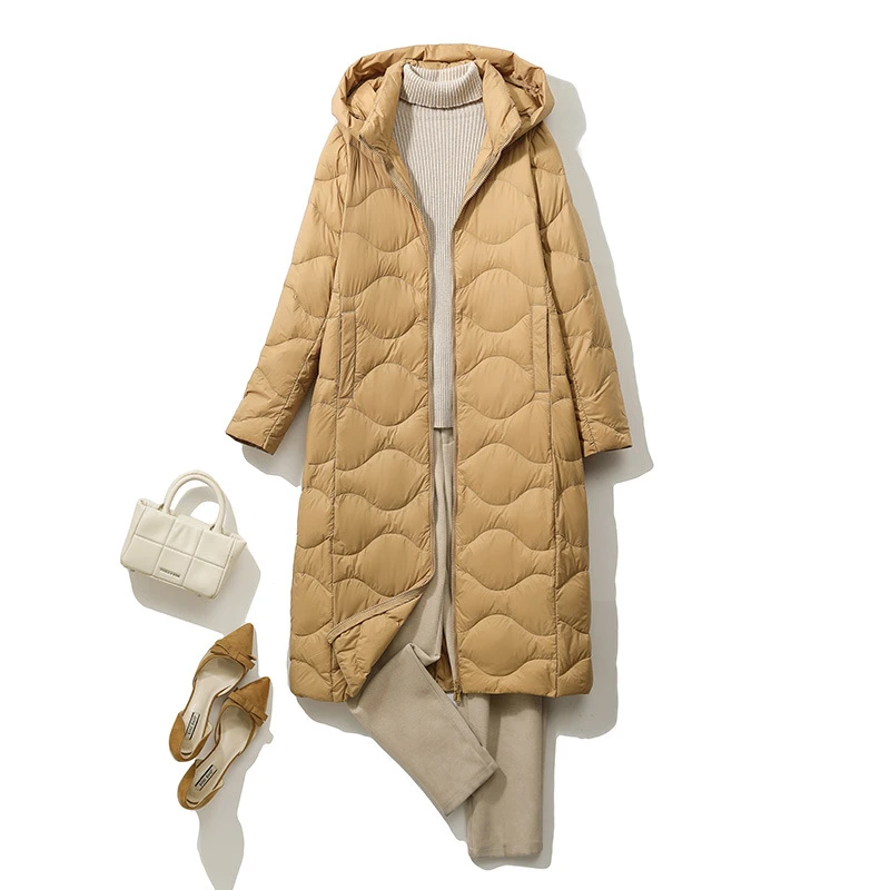 NewLightweight أسفل سترة النساء فوق الركبة تكبير مقنعين زراعة نفسك تظهر قبالة الوزن الدفء الأبيض بطة أسفل سترة #6