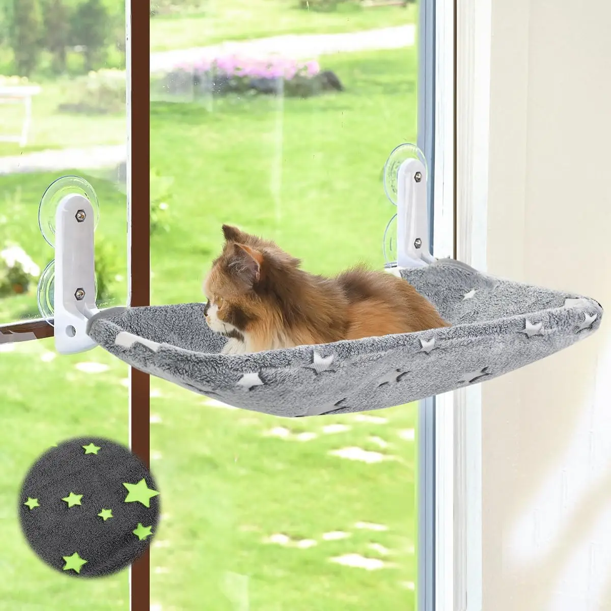 Cat Window Perch, Glow in The Dark Cordless Foldable Pet Hammock Bed for Window with Sturdy Metal Frame, Glowing Stars Pattern R