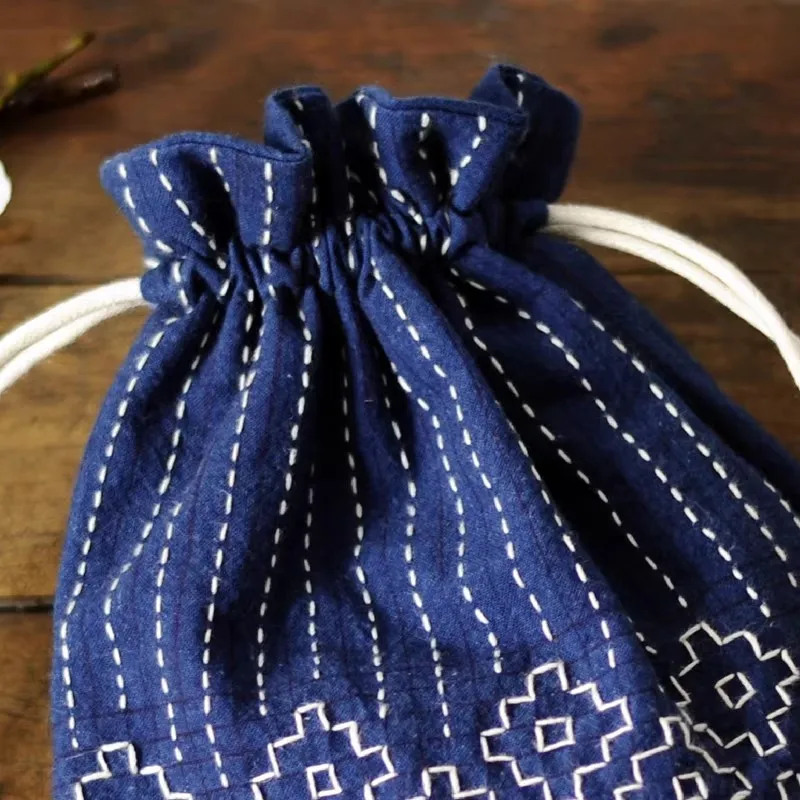 Persimmon Flower Sashiko Drawstring Bag DIY Kit, Embroidery Sewing Craft Supplies for Beginners