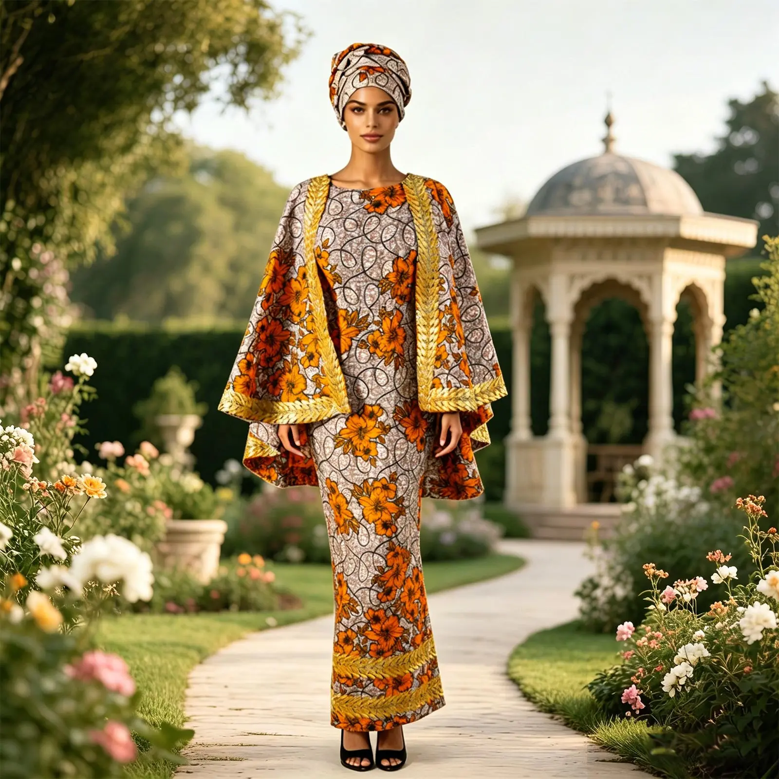 Vestido de Fiesta Africano para Mujer, Lujoso con Capa a Juego, Sin Mangas, Ajustado, Elegante, Vestido de Novia Bazin Riche 2625022