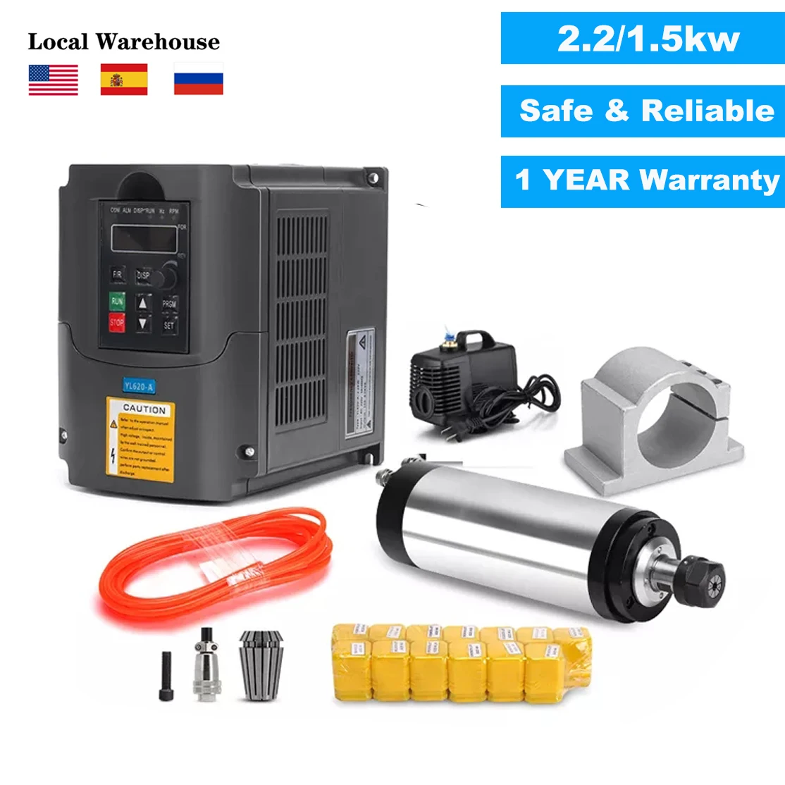 2.2KW มอเตอร์ระบายความร้อนด้วยน้ำชุด CNC Milling แกน2.2KW + 2.2KW อินเวอร์เตอร์ + 80มม.แกน + ER20 collet สำหรับ CNC Router