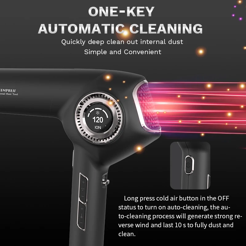 High Quality Professional One Key Cleaning BLDC Brushless Hair Dryer with LCD Display Diffuser Nozzle Negative Ion Blow Dryer