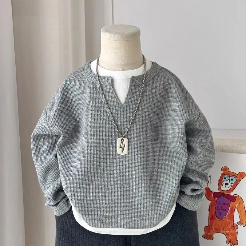 Babys Boys Waffle Grid Long Sleeved V-neck T-shirt Spring Autumn 2026 Pullover Cotton Hoodie Kids Handsome Fake Two Items Tops