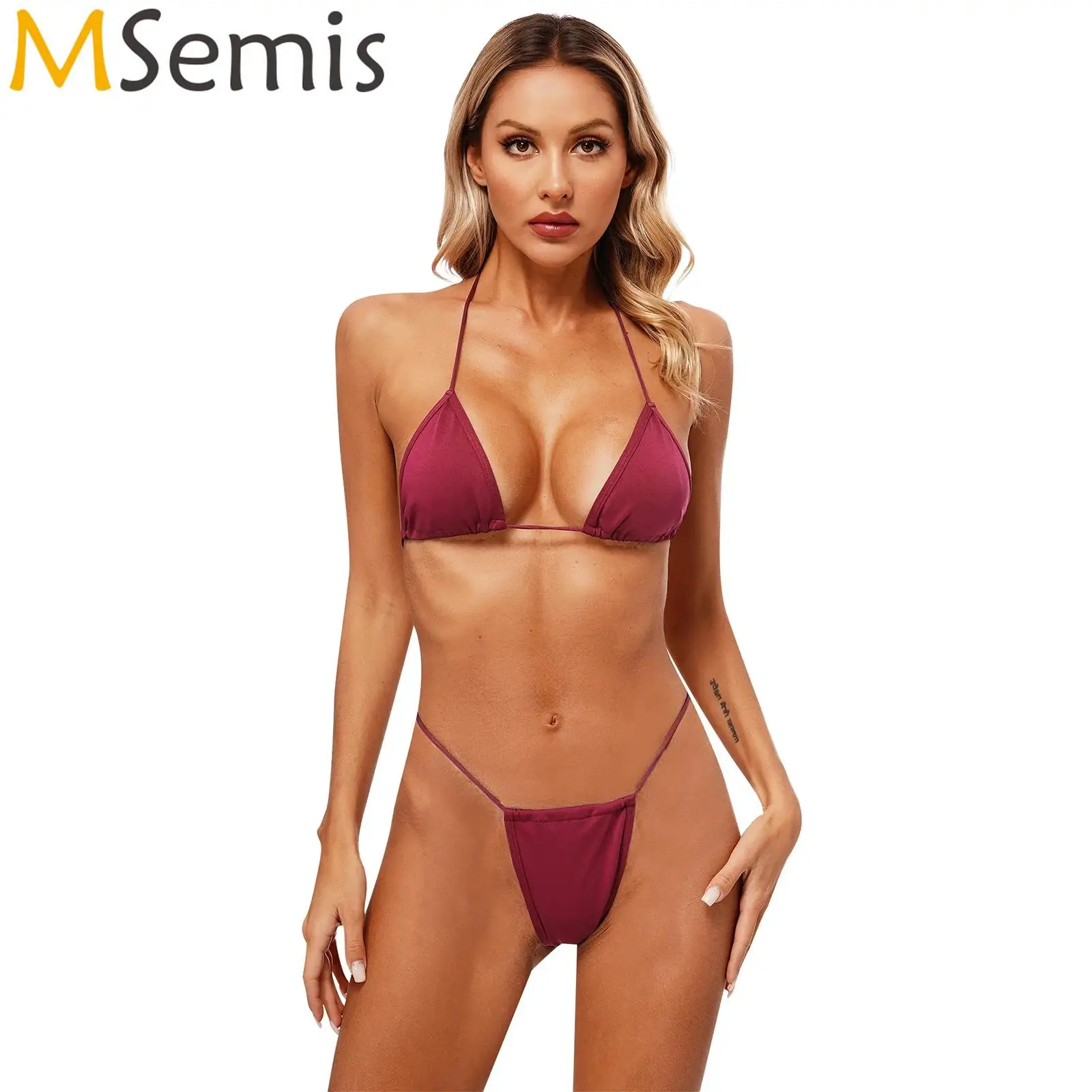 

Womens Solid Color Brazilian Mini Bikini Swimsuit Triangle Cup Unpadded Lacing Bra Top with G-String Briefs Bathing Suit