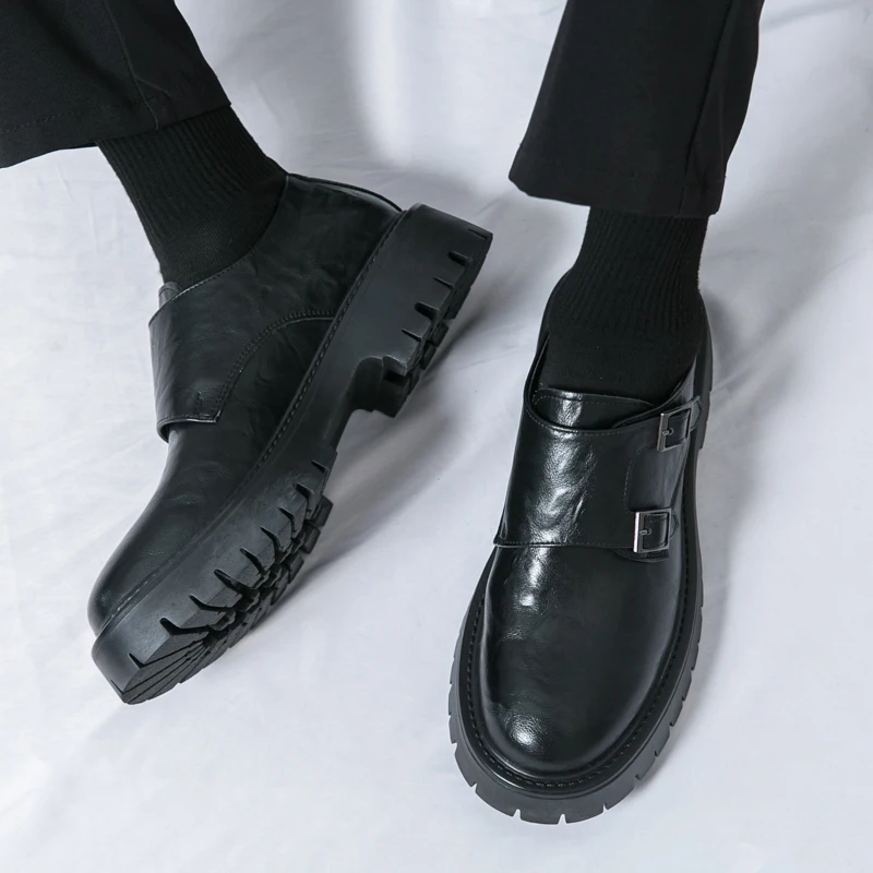 STRONGSHEN Men Leather Shoes Designer Casual Business Dress Oxfords Platform Loafers Slip-on Moccasins Thick Sole Wedding Shoes