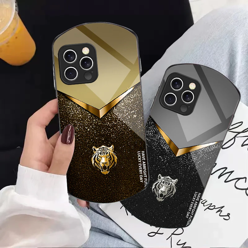 

Noble golden tiger head For iPhone 16 15 14 Pro 13 Plus 12 mini 11 13Pro Max XR X S 7 8 6 Elliptical Tempered Glass Phone Case