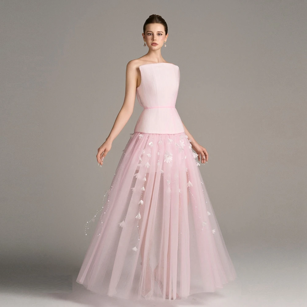 

Pretty Pink Mesh Long Evening Gown with 3D Floral Appliques Strapless Tulle Floor‑Length A‑Line Prom Dress Unique Formal Dress