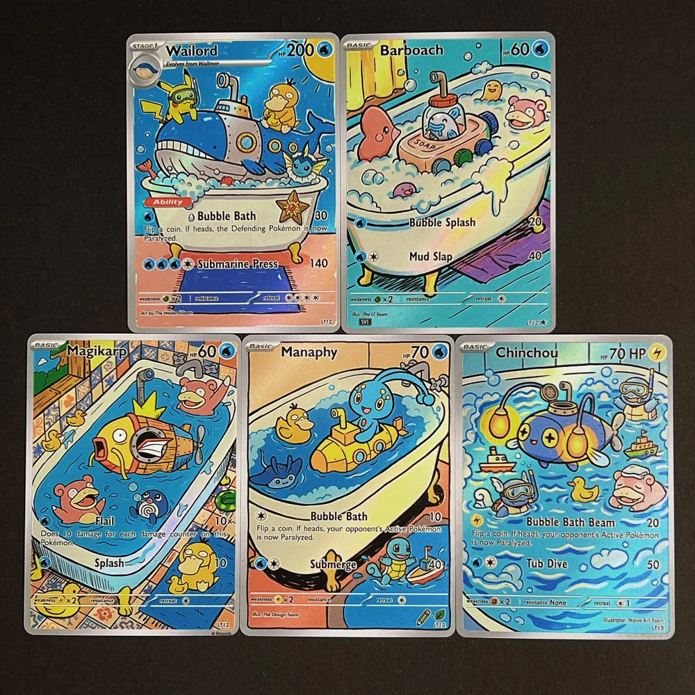 cartas-de-pokemon-ptcg-estilo-pintura-a-Oleo-colecao-wailord-barboach-manaphy-chinchou-magikarp-cartas-colecionaveis-de-pokemon-com-tema-de-natacao-e-brincadeira-presente