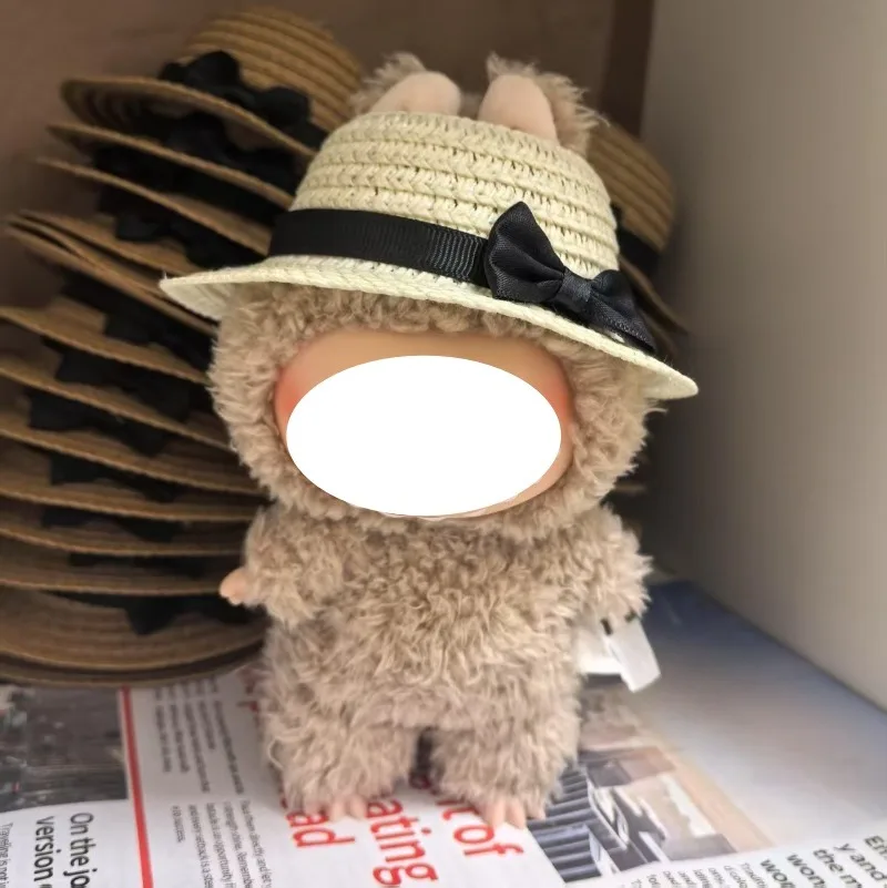 

The second generation of Labubu sitting party 17CM vinyl macaroon Labubu summer straw hat with empty top. blind box toys kawaii