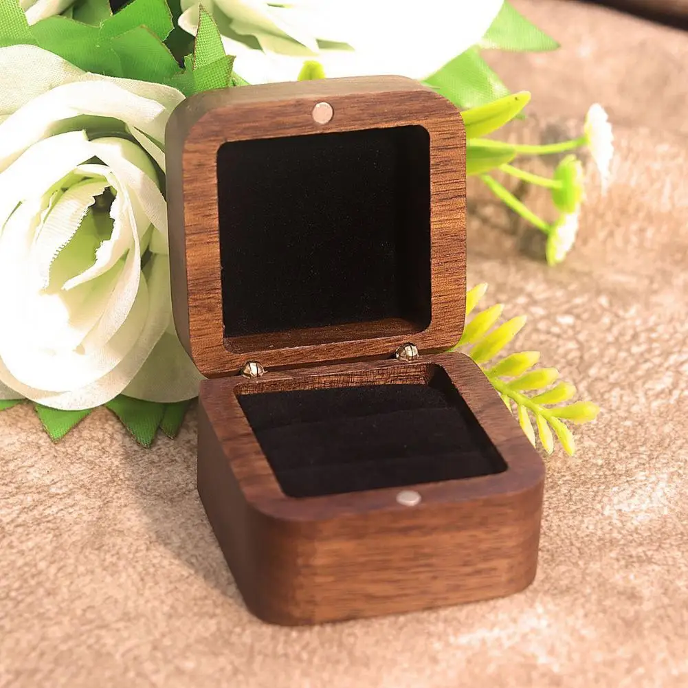 Ring Storage Box Exclusive Engagement Ring Storage Case Velvet Lined Walnut Wood Square Design Compact Jewelry Organizer