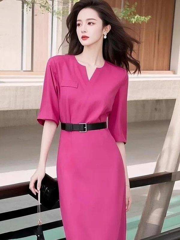 

Новое женское платье Ele Simple Pink Dr для весны и лета, с эффектом утяжки талии, средней длины, А-силуэт, V-образный вырез, рукава до локтя