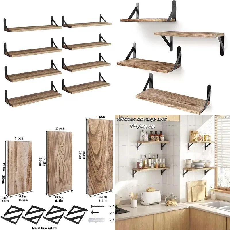 Wooden Wall Mounted Floating Shelves 4 Tier Spice Storage Display Rack Multi Function for Kitchen Living Room