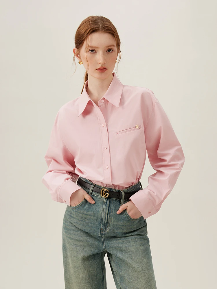 FSLE 【4 Colors】Polo Neck Casual Long Sleeve Shirt Tops Slightly Drop Sleeve Commuter Blue Pink Straight Blouses 24FS11124