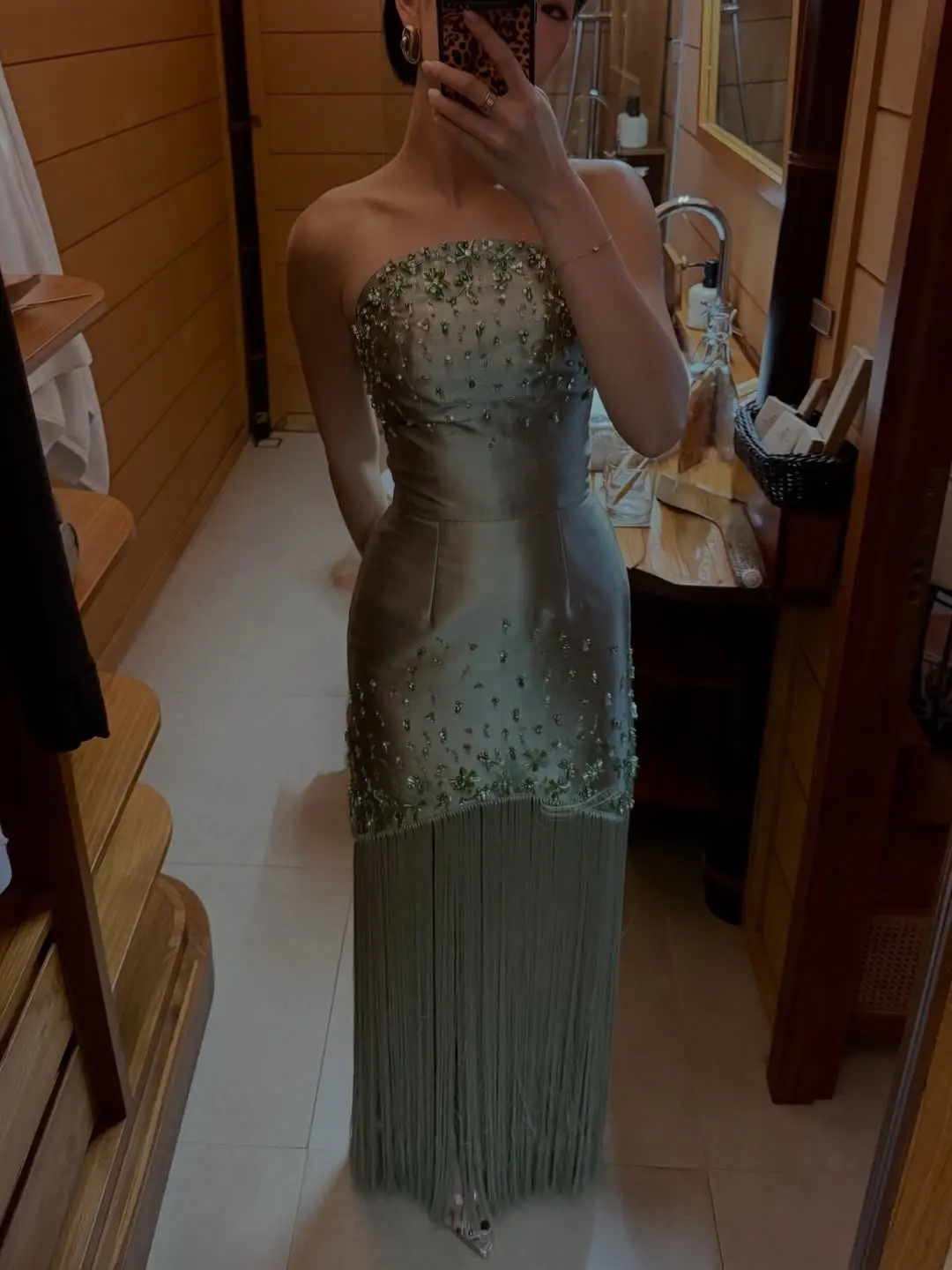 Customized Sage Green Strapless Mermaid Prom Dress Beaded Fringe Evening Gown Arabic Women Wedding Guest Dubai Party Dress view 2