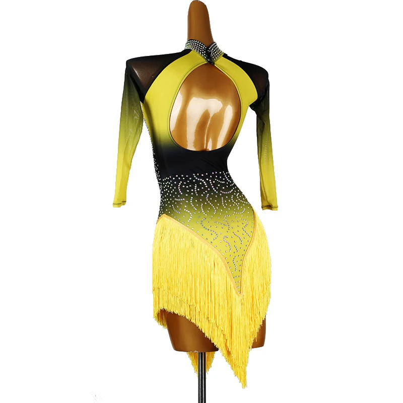 Abiti da ballo latino a maniche lunghe abiti personalizzati con nappe di diamanti di fascia alta per adulti e bambini costumi di performance tango samba