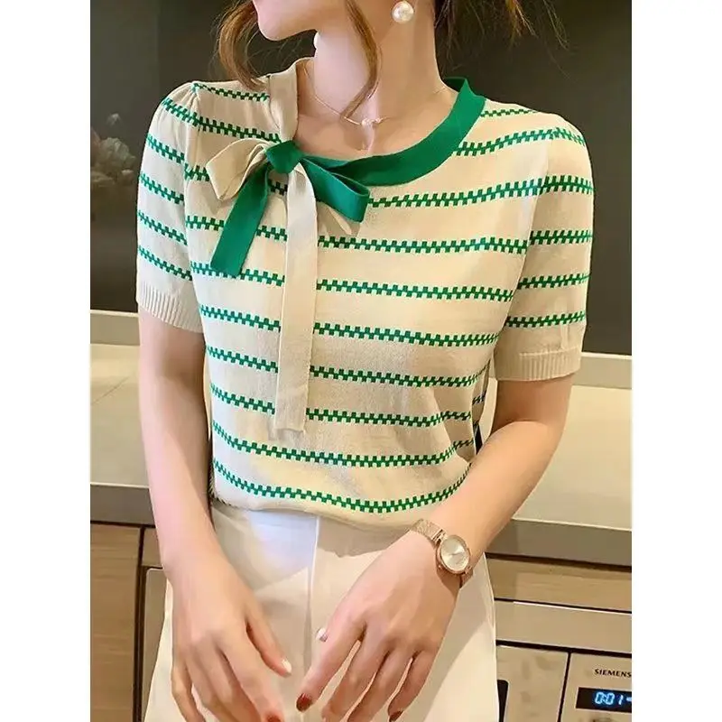 Summer Round Neck Fashion Short Sleeve T-shirt Women High Street Bow Patchwork Striped Knitting Pullovers Elegant All-match Tops