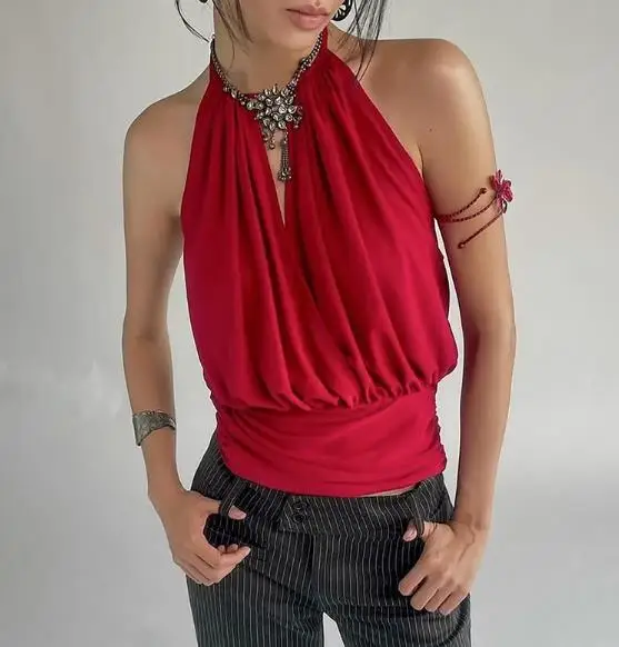 

Spring Sexy Deep V Vest Women's New Fashion Waist Cinched Solid Tee Summer Female Sleeveless Backless Slimming Crop Tank Top