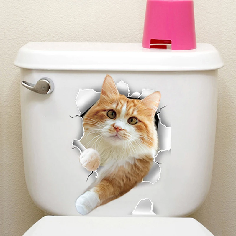 Divertidos pegatinas 3D para asiento de inodoro de gatito, calcomanías impermeables para pelar y pegar, calcomanías de animales para baño, decoración para baño