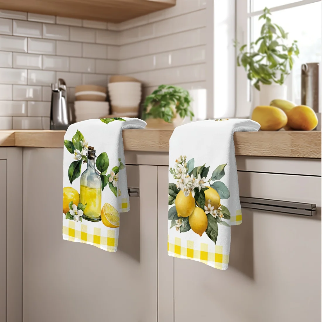 2 lemon flower pattern kitchen towels scouring cloth dishtowels, decorative kitchen table supplies, new home gifts