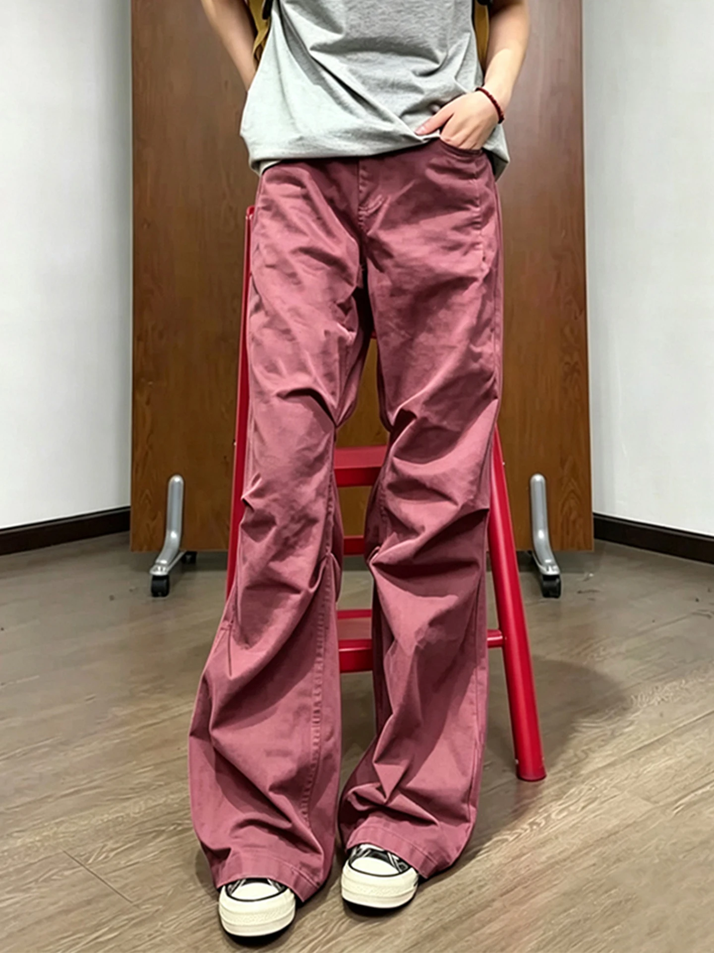 

Raspberry Pink Pleated Straight Leg Workwear Pants Men's Summer Thin Vibe Slimming Flared Casual Long Trousers