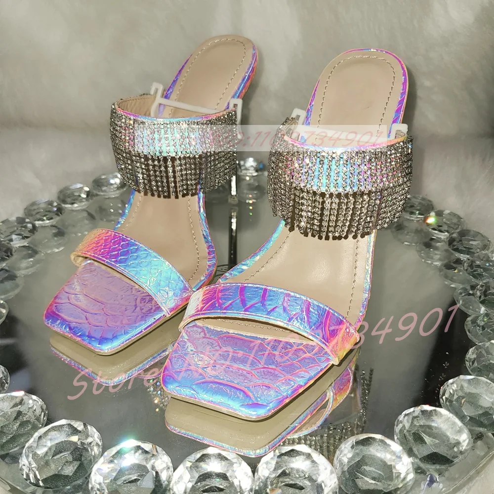 Rainbow Fish-Scale Pattern Heeled Mules Women Sexy Crystals Tassels Square Toe Stiletto Heels Lady Party Luxury Classy Slippers