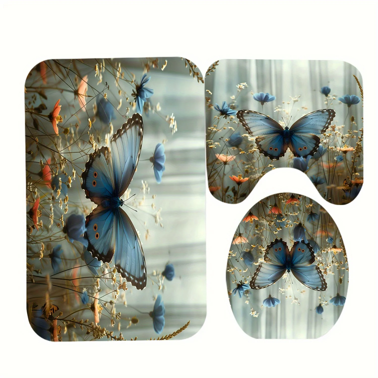 

3-х предметная бабочка с ярким цветочным узором — полиэфирная ткань, нескользящий коврик, U-образный коврик, коврик для чехла на сиденье унитаза