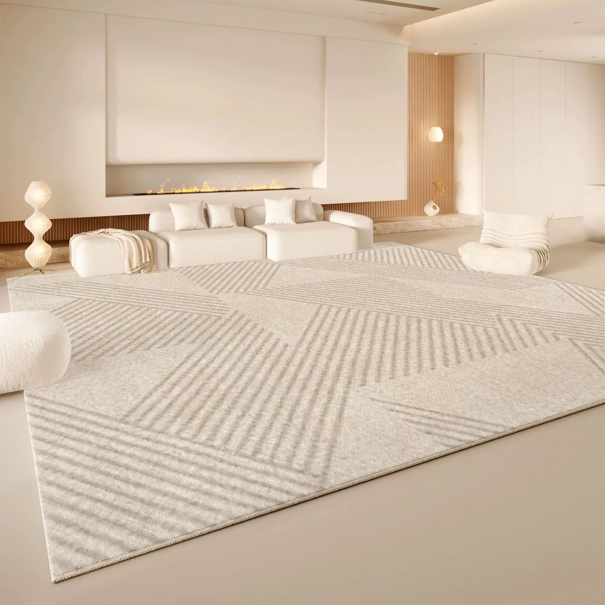 VIKAMA Light Grey Diagonal Stripe Area Rug Washable Non Slip Living Room Carpet Geometric Neutral Minimalist Home Floor Rug Mat