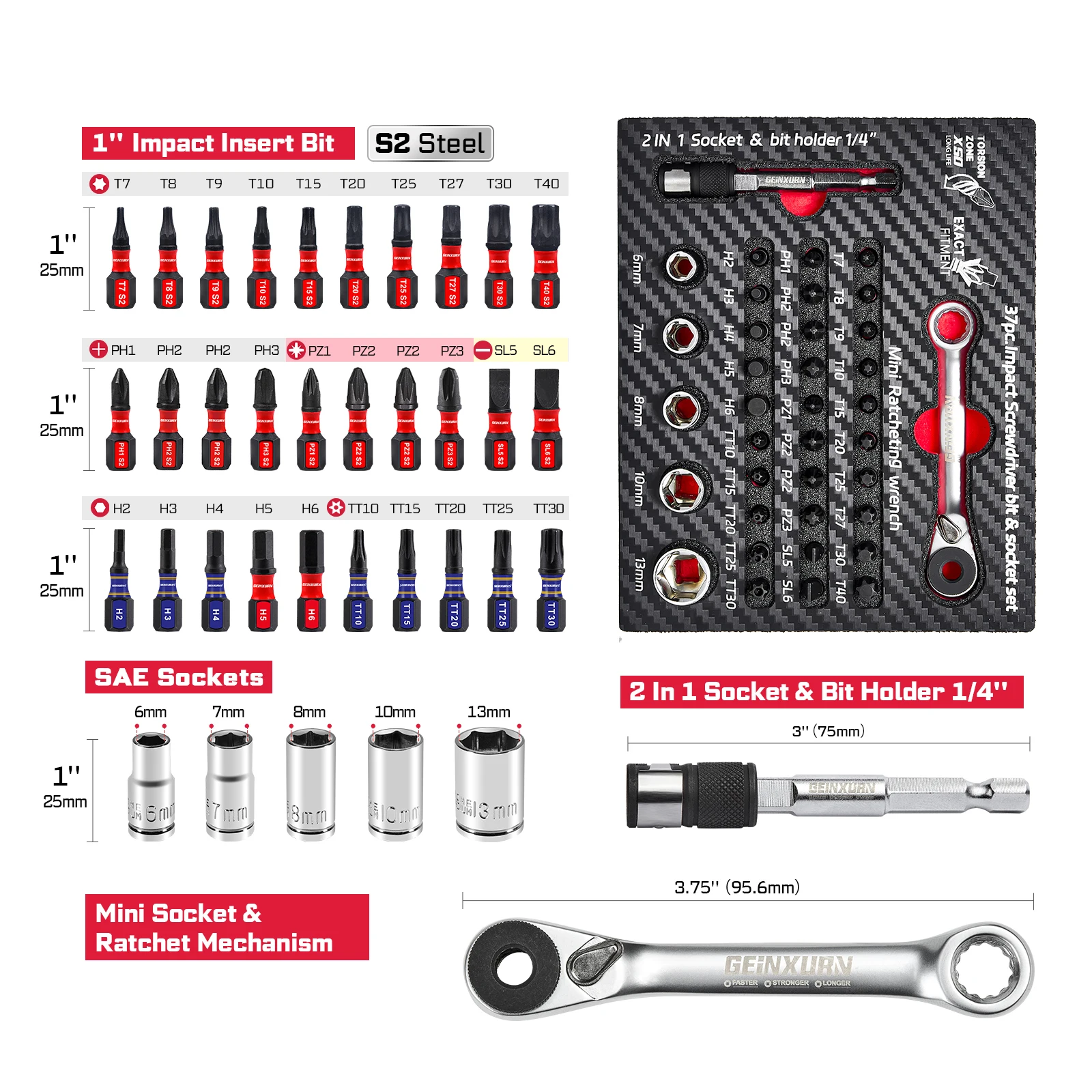 GEINXURN 37PCS Metric Impact Screwdriver Bits Set, S2 Steel Mixed Bits, Impact Socket Set, with Eva Foam Storage Tray
