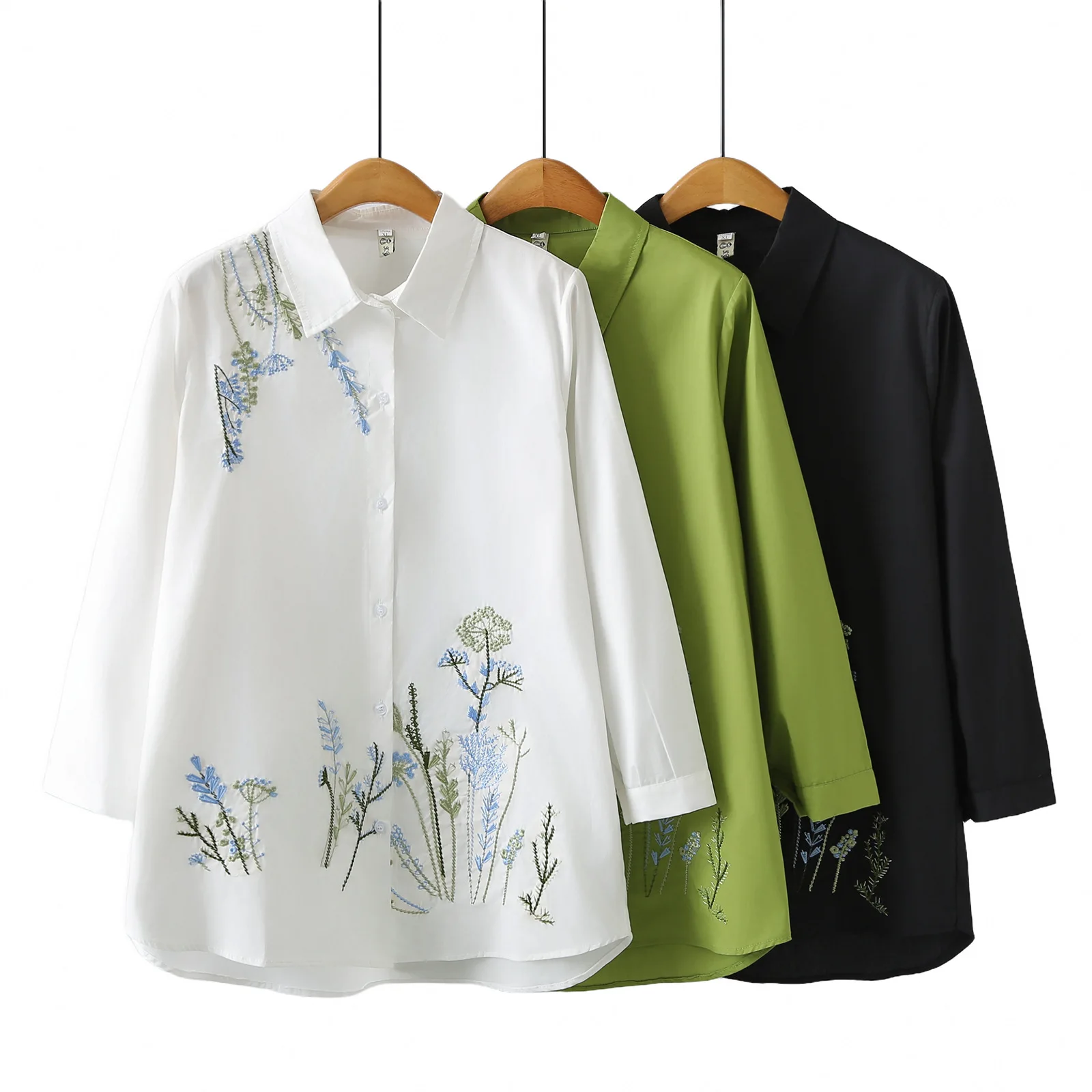 Plus Size Women's Blouses Autumn New mid-length Lapel Embroidered Flower Long Sleeve Cotton Shirt 5229