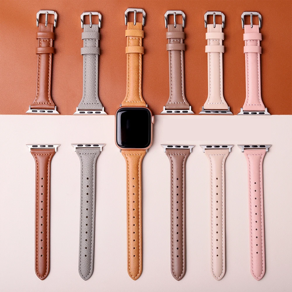 Slim Leather Band For Apple Watch Strap 44mm 40mm 41/38mm 49mm Bracelet apple watch bands 8 45mm Ultra 9 7 se 3 4 6 10 46mm/42mm
