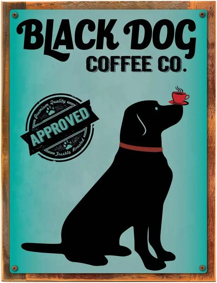 Wood-Framed Black Dog Coffee Company Metal Sign, Kitchen, Café, Home Décor, Labrador on Reclaimed, Rustic Wood sign
